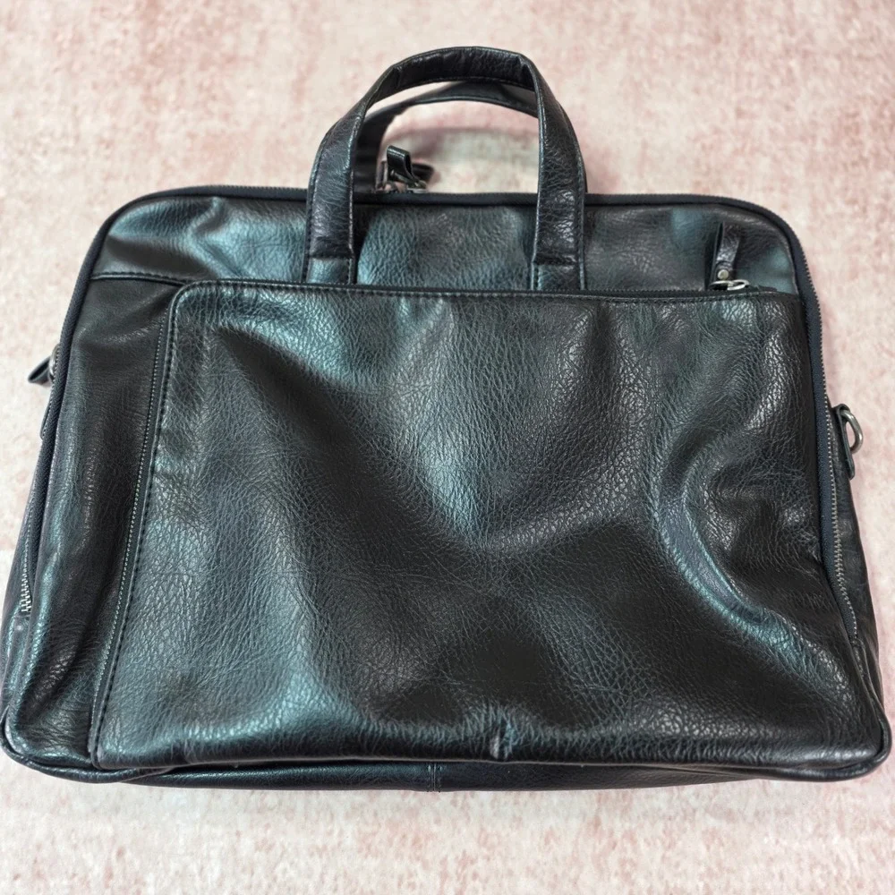 Aldo Mens Black Leather Slim Bag Briefcase Stylish Business Casual